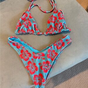 Frankie's Bikinis Blue and Red Floral Swim Set